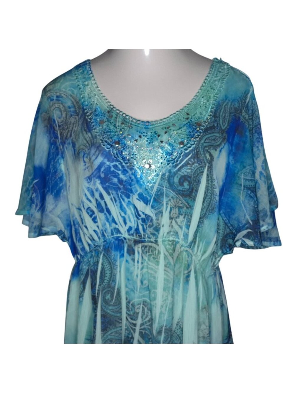 Blue & Green Printed Dress Sheer Flutter Sleeves Lined Plus 2X By Catherines